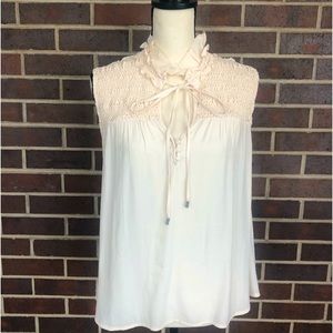 Free People Sleeveless Ruched Ruffle Neck Tie Ivory Cream Blouse size L